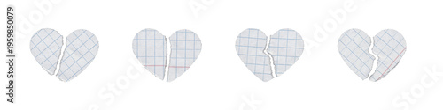 Collection of broken heart graph paper pieces with cracked love note vibe on transparent background