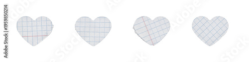 Set of heart shaped graph paper cutouts for cute note and scrapbook designs on transparent background