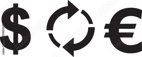 A minimalist black silhouette set representing currency exchange, featuring a dollar sign ($), a euro sign (€), and a circular refresh or rotation arrow symbol indicating conversion or transaction.