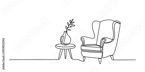 A minimalist single line drawing of a comfortable wingback chair and a small side table with vase Vector, illustration