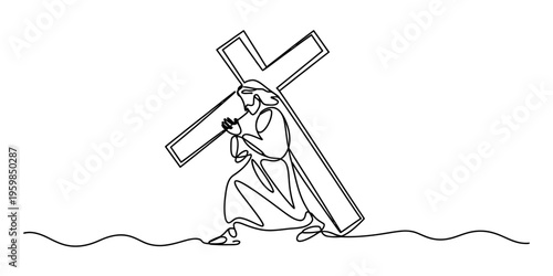 A single continuous line drawing of jesus christ carrying a large wooden cross on his shoulders Vector, illustration