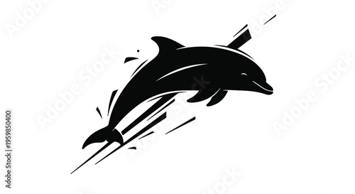 Stylized black dolphin leaps dynamically from the water leaving abstract splash lines behind it.
