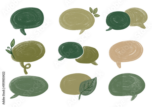 Hand drawn eco friendly speech bubbles set. Organic green abstract shapes for quotes and text. Natural textured doodle frames on transparent background. Minimalist botanical conversation clouds.