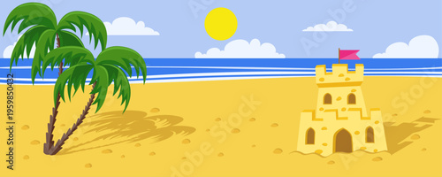 Tropical beach landscape with sandcastle and palm trees. Sunny coast of the sea or ocean. Vector illustration.