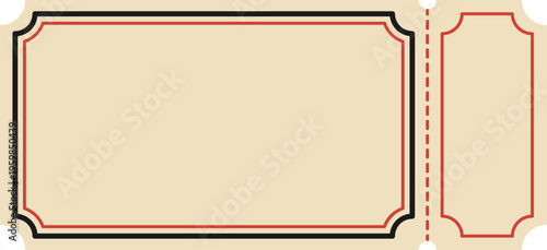Blank vintage ticket template with stub. Retro admit one coupon frame for circus, cinema, or events. Isolated vector illustration with copy space.
