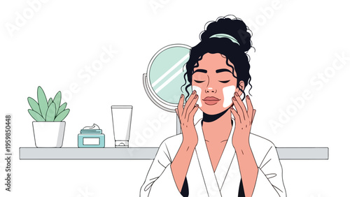 Woman in a white robe applying facial cream in front of a bathroom counter with a plant and beauty products on it.