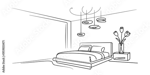Minimalist continuous line drawing of a modern bedroom interior with a bed and floral decoration Vector, illustration