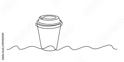 A minimalist single line drawing of a disposable coffee cup sitting on a simple wavy surface line Vector, illustration