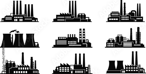 Flat vector illustration of industrial factory silhouettes with chimneys, cooling towers, storage tanks, power plants, manufacturing buildings, energy production facilities