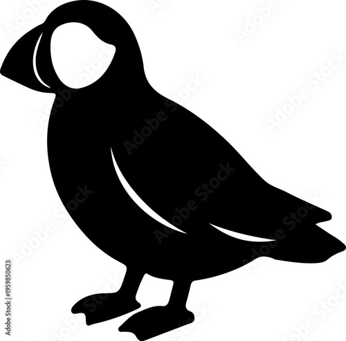 A minimalist black silhouette of a puffin standing on a white background