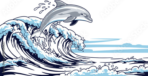 A playful gray dolphin gracefully leaps high into the air, splashing water over a powerful, curling blue ocean wave, showcasing marine life and freedom in a vibrant cartoon illustration.