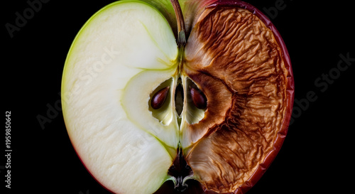 Close-up of a whole apple. One side of the apple is ripe green- red, beautiful, smoothly turns into an old dried and wormy on a dark background.