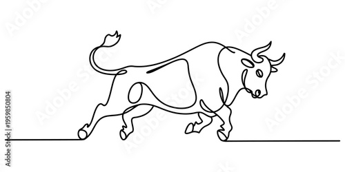 A continuous line drawing of a powerful bull charging forward with energy and dynamic movement