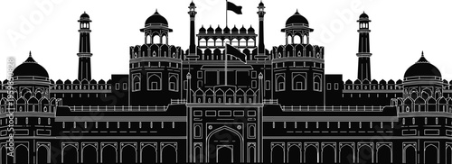 Flat vector illustration of Red Fort Delhi silhouette with domes, arches, minarets, battlements, Indian flag, Mughal architecture, cultural heritage landmark