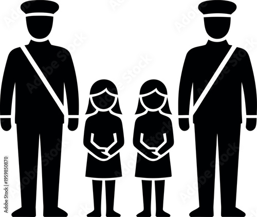 Two uniformed officers standing with two young girls in dresses