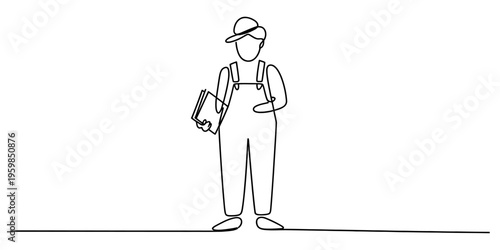 A single continuous line drawing of a person wearing overalls and a cap while holding a book Vector, illustration