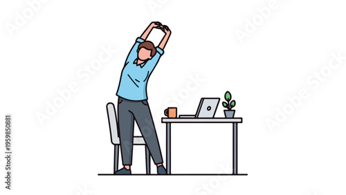 Illustration of a man stretching at his desk with a laptop and plant nearby in a simple line art style with a minimalist office background.