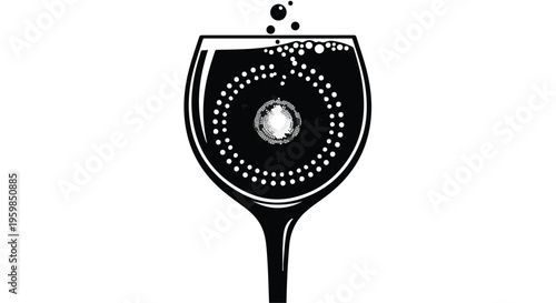 A stylized wine glass shows effervescence and swirling dots within the dark liquid, representing sophisticated beverage enjoyment.
