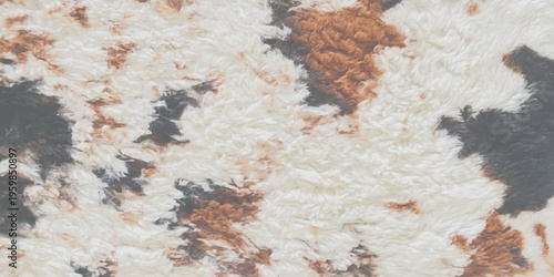 Soft faux fur fabric with a brown black and white cow print pattern