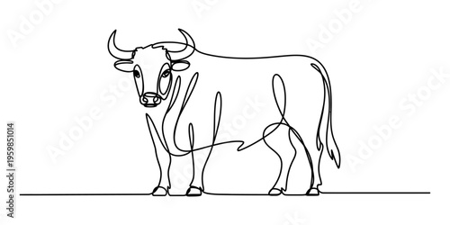 Minimalist single continuous line drawing of a powerful bull standing in a side profile position Vector, illustration