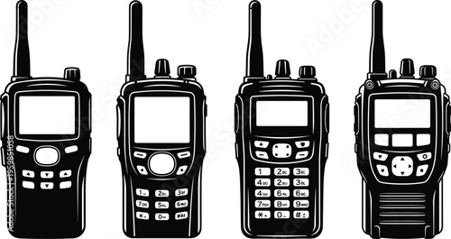 Set of Portable Walkie Talkie Radio Silhouettes Featuring Various Professional Two Way Communication Devices with Antennas and Keypads for Security and Logistics