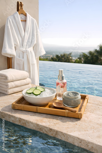 Ultra-realistic 2:3 poolside spa ritual. White robe on wooden stand, stacked towels. Bamboo tray with ice bowl, cucumber, rosewater mist, and clay mask. Infinity pool edge, morning light, wellness out
