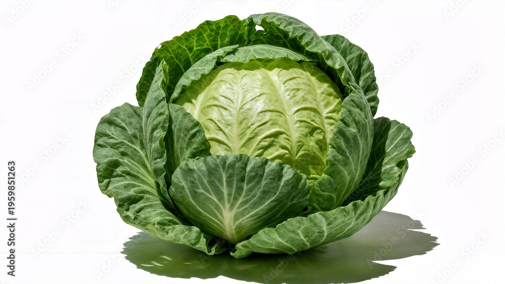 Obraz premium Fresh green cabbage sits on a plain white surface under natural light with clear details of leaves and texture