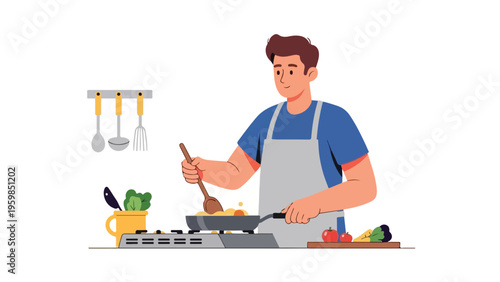 A man in a blue shirt and gray apron cooking with a frying pan on a stove in a kitchen with utensils and vegetables.