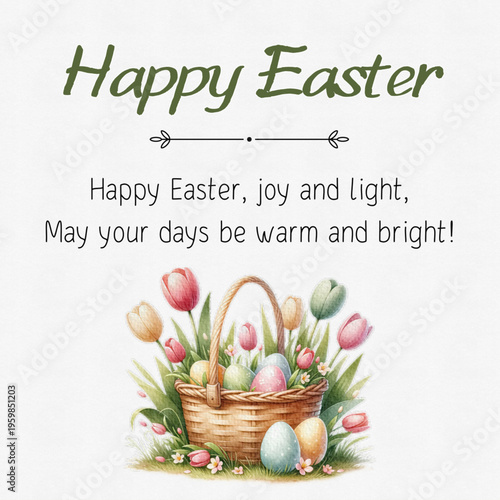 Happy Easter Greeting Card with Floral Basket and Pastel Eggs – Spring Holiday Illustration