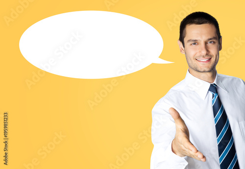 Businessman man wear formal shirt, necktie tie, give hand for handshake, isolated yellow background. Success in business, welcome ad concept. White empty mockup speech bubble speechbubble cloud ballon