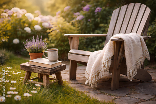 Realistic 16:9 garden relaxation. Cream knit blanket on Adirondack chair. Stool with book, ceramic mug, and lavender plant. Stone patio, blooming hydrangea background, daisies in grass. Slow living su