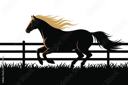 Galloping Black Horse with Blonde Mane by a Fence, equestrian concept