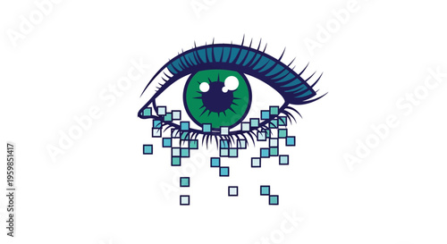 A digital illustration of a crying eye with green iris and blue pixels falling like tears