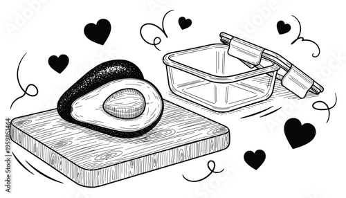 Avocado Half on Wooden Cutting Board with Glass Food Storage Container, Hand-Drawn Sketch Vector Illustration for Healthy Eating, Meal Prep and Clean Lifestyle Concept