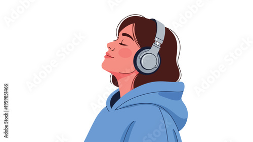 A young woman wearing headphones and a blue hoodie with her eyes closed against a clean white background.