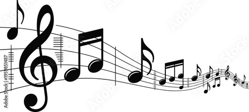 Flowing musical notes illustration with treble clef and staff lines abstract melody movement design