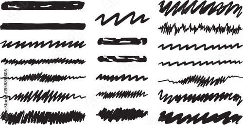 A collection of black hand-drawn scribble lines and distressed stroke textures, featuring various zig-zags, wavy brushes, and rough charcoal-style dividers.