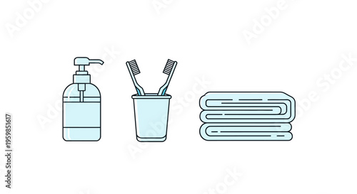 Bathroom soap bottle toothbrush towels.