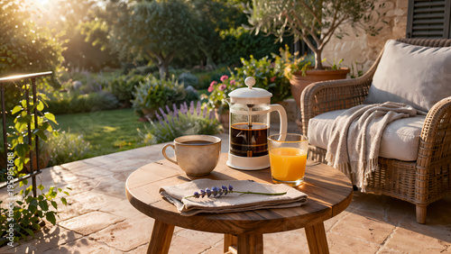 Hyper-realistic 16:9 photo of a morning terrace. Golden sunlight on a wooden table with a coffee cup, French press, and orange juice. Wicker chair with a blanket in a lush garden background. Peaceful,