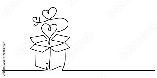 A single continuous line drawing of an open gift box with hearts floating out into the empty space Vector, illustration