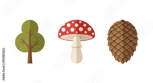 Pinecone and mushroom forest elements.
