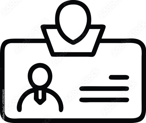 A simple black and white line drawing depicts an identification badge featuring a placeholder portrait and magnetic stripe high quality professional detailed modern elegant stylish clean