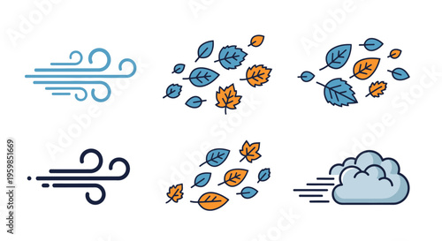 Weather icons with wind and leaves.