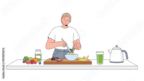 Illustration of a man preparing a healthy meal with fruits and vegetables on a kitchen counter.