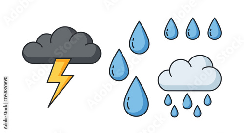 Weather icons rain cloud lightning.