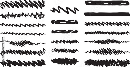 A collection of black hand-drawn scribble lines and distressed stroke textures, featuring various zig-zags, wavy brushes, and rough charcoal-style dividers.