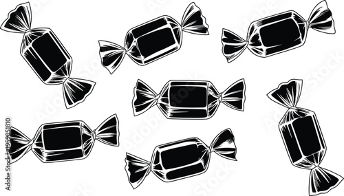 Set of wrapped candy illustrations with bold black and white style sweet confection collection design