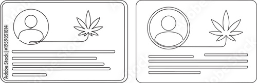 Outline Design of Two ID Cards Featuring a Profile Icon and Cannabis Leaf Symbol, Representing Identification and Legal Marijuana Status, Line Art