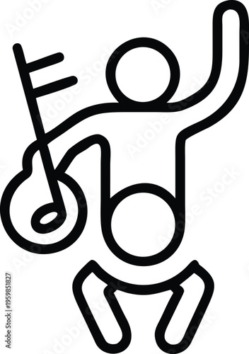 A simple black and white line drawing depicts a figure playing a lute or similar stringed instrument suggesting music high quality professional detailed modern elegant stylish