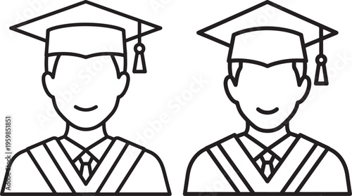 Two graduating students in academic regalia, wearing graduation caps and gowns, celebrating academic achievement and success, outline illustration, Black And White